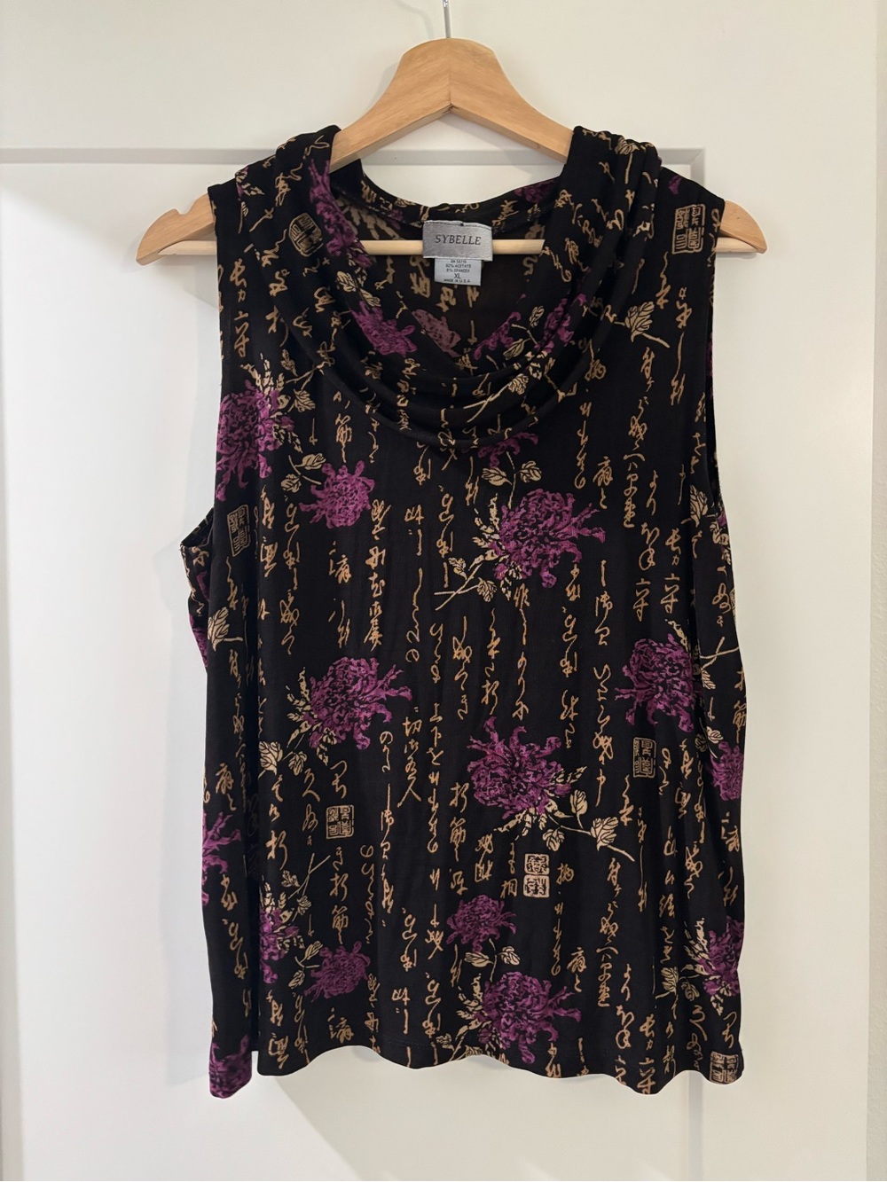 Black Cowl Neck Sleeveless Top with Purple Floral Print